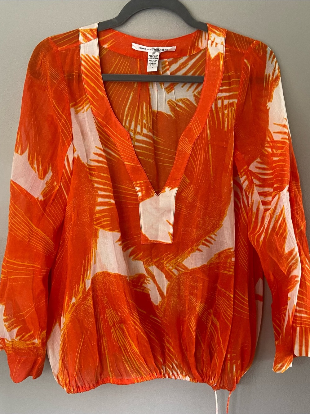 Diane Von Furstenberg Orange & White Printed V-Neck Tunic